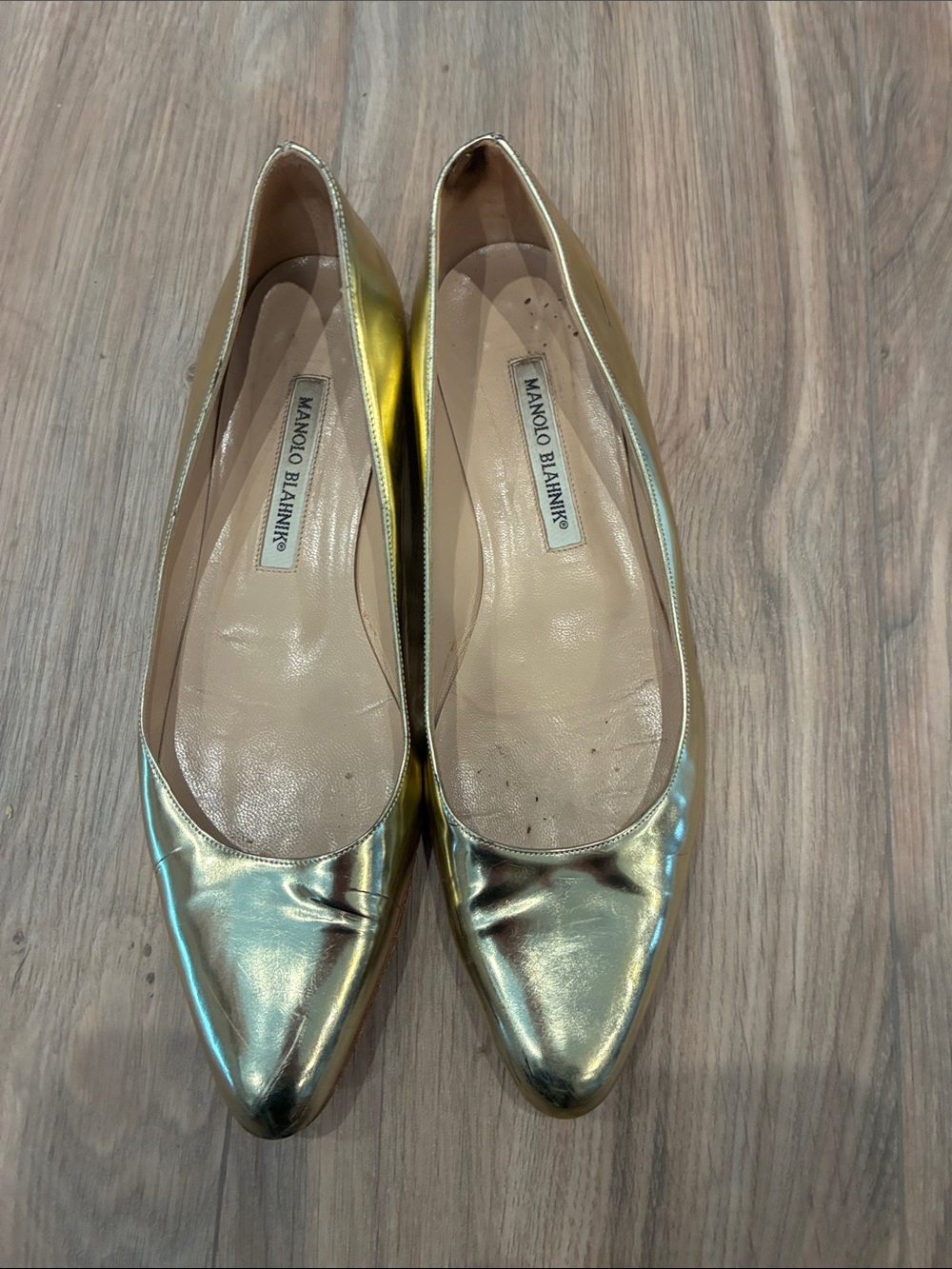 Manolo Blahnik Metallic Gold Pointed Ballet Flats SIZE 8 - Picture 6 of 6